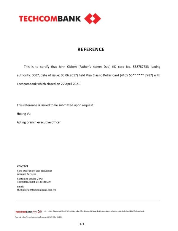 Vietnam Techcombank bank account closure reference letter template in Word and PDF format Vietnam Techcombank bank account closure reference letter template in Word and PDF format
