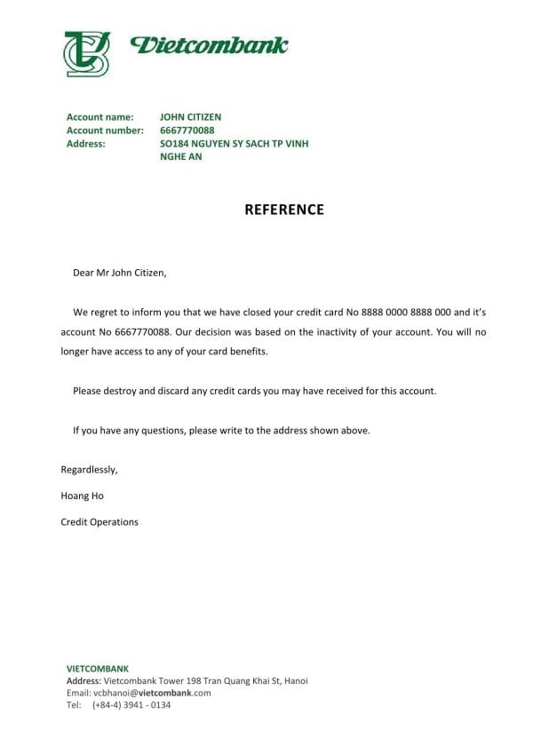 Vietnam Vietcombank bank account closure reference letter template in Word and PDF format Vietnam Vietcombank bank account closure reference letter template in Word and PDF format
