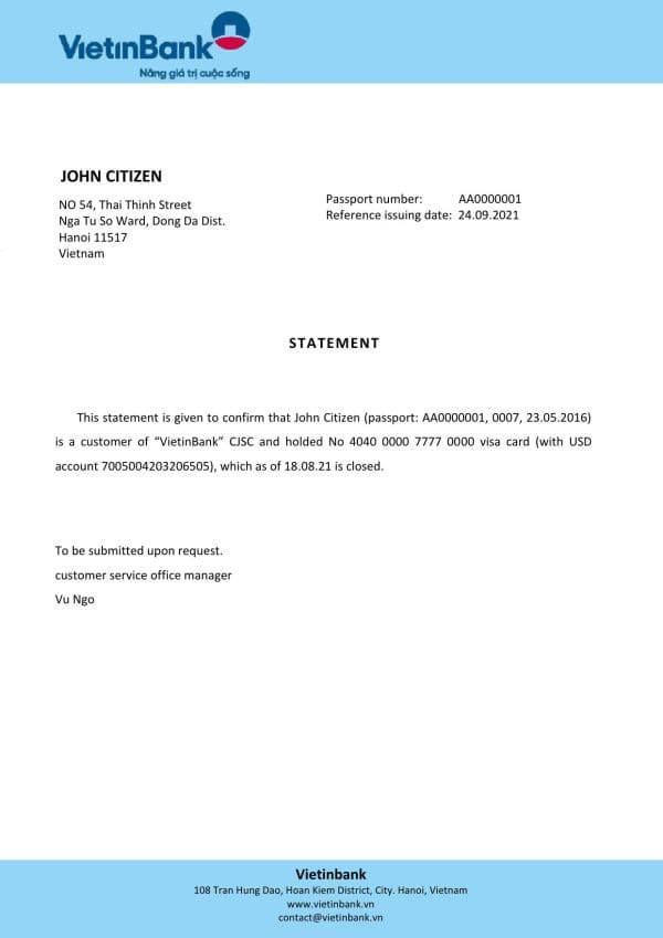 Vietnam Vietinbank bank account closure reference letter template in Word and PDF format Vietnam Vietinbank bank account closure reference letter template in Word and PDF format