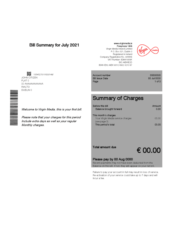 Ireland Virgin Media utility bill template editable in Word and PDF, version 1