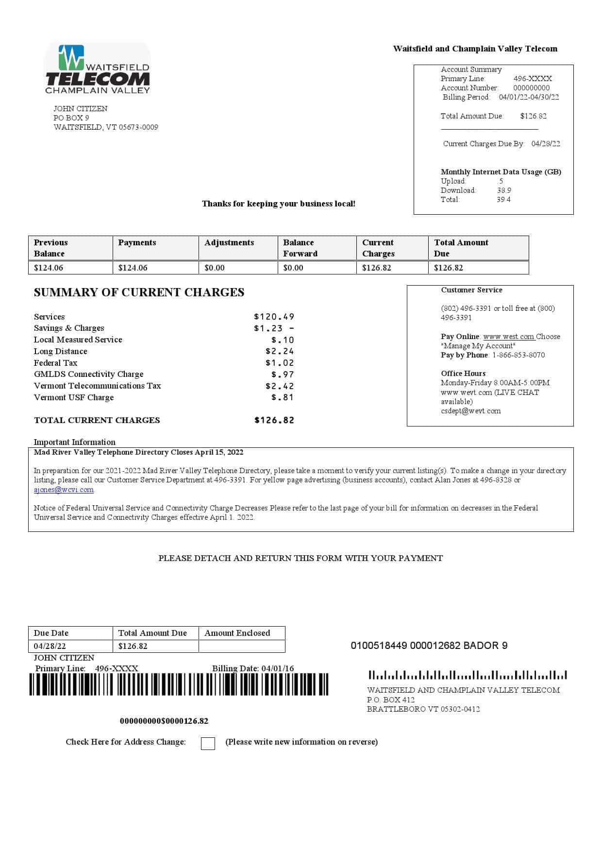 Waitsfield.jpg USA Waitsfield Telecom utility bill template in Word and PDF format