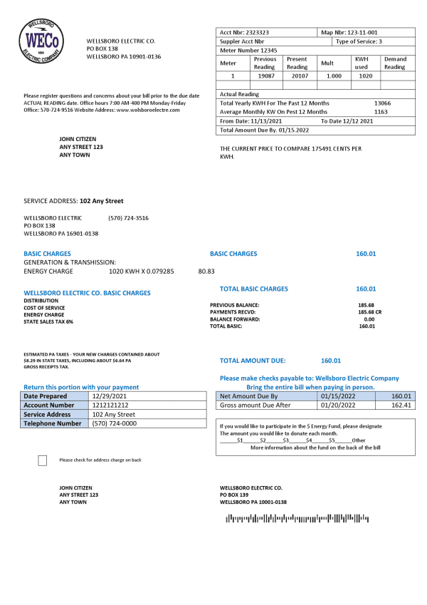 Wellsboro-Electric.png USA Pennsylvania Wellsboro Electric utility bill template in Word and PDF format