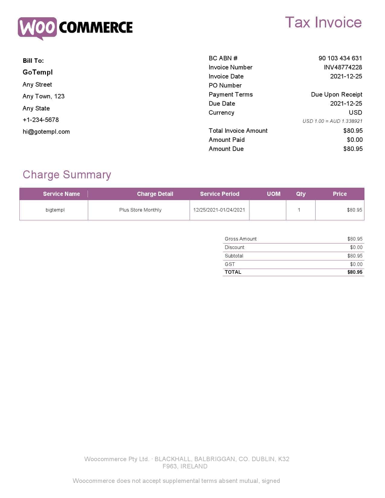 Ireland WooCommerce tax invoice template in .doc and .pdf format, fully editable Ireland WooCommerce tax invoice template in .doc and .pdf format, fully editable