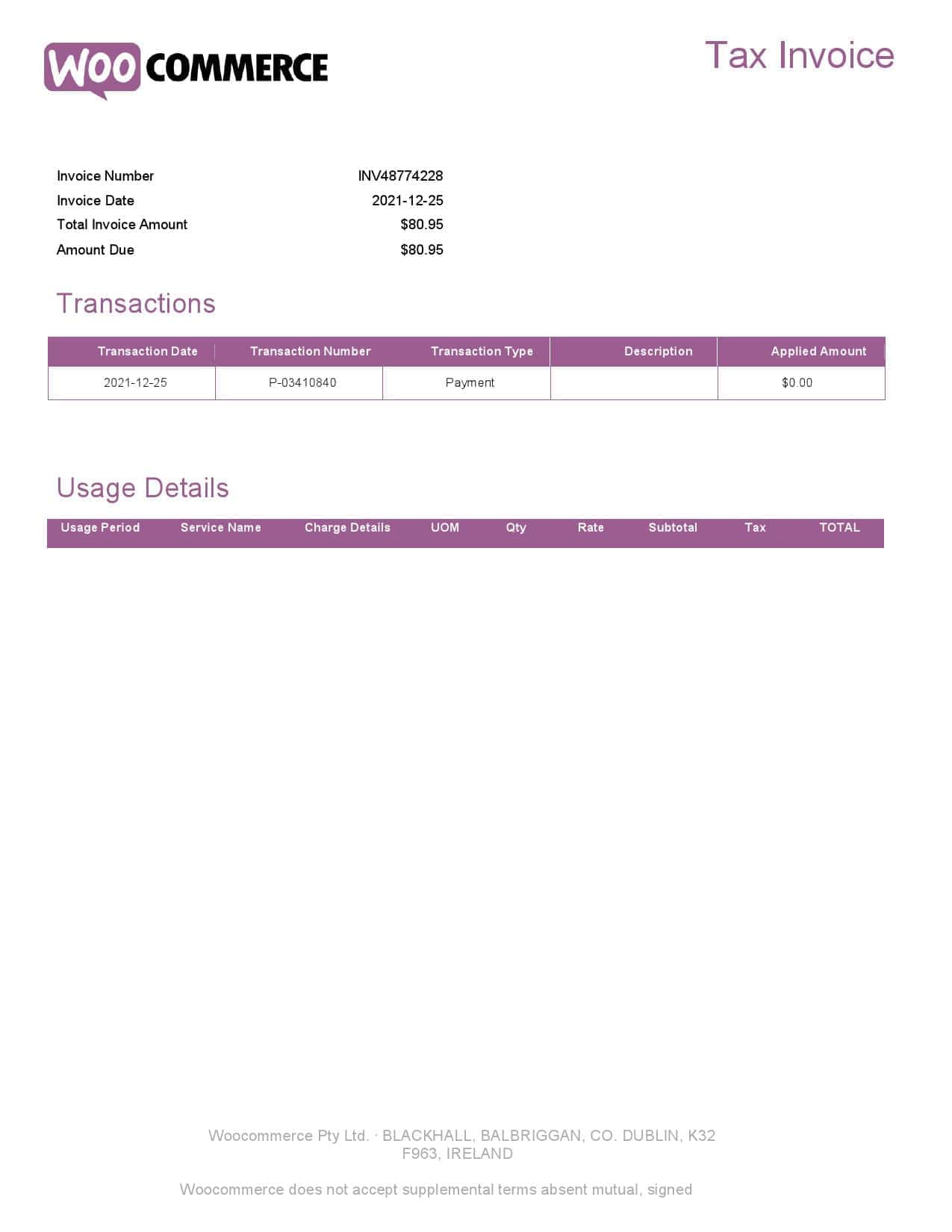 Ireland WooCommerce tax invoice template in .doc and .pdf format, fully editable Ireland WooCommerce tax invoice template in .doc and .pdf format, fully editable