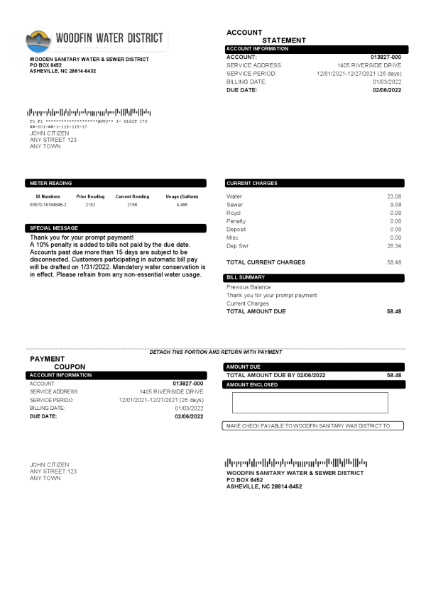 Woodfin-Sanitary-Water-Sewer.png USA North Carolina Woodfin Sanitary Water & Sewer District utility bill template in Word and PDF format