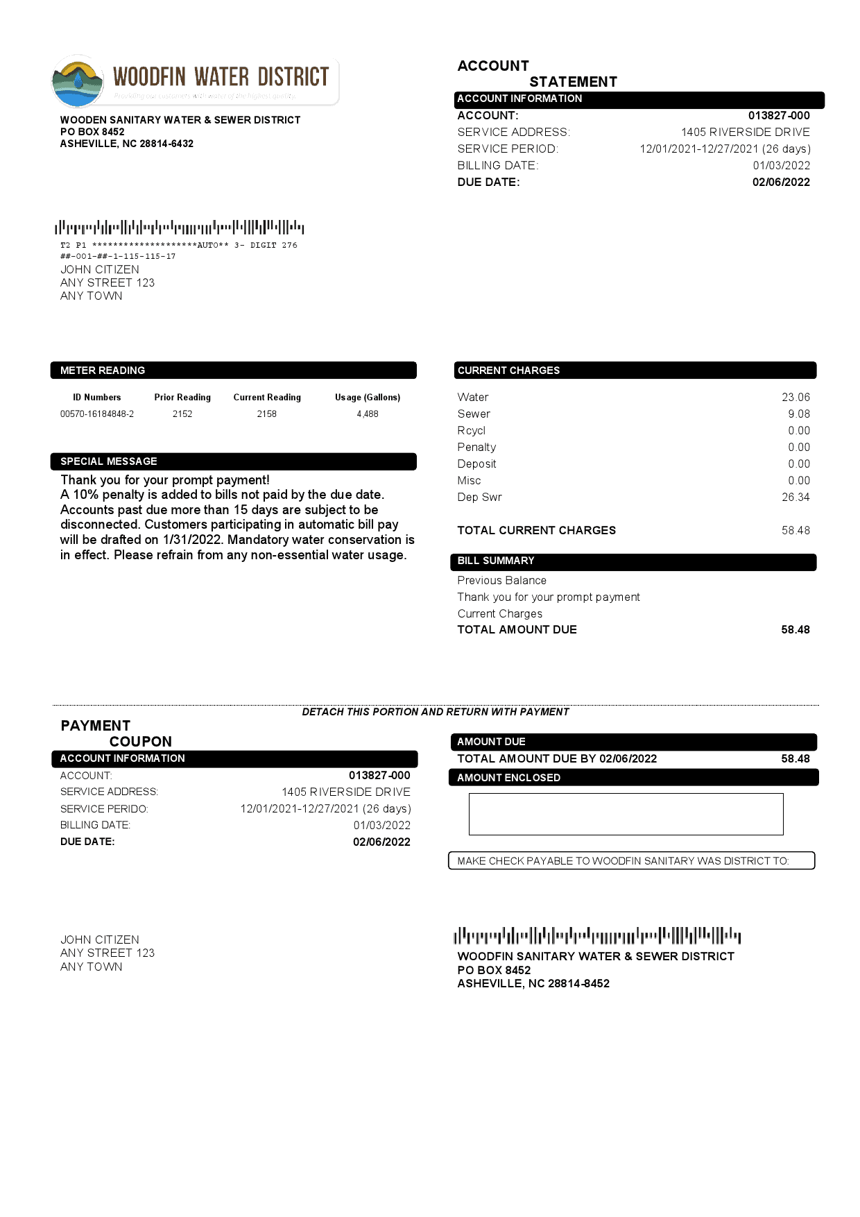 Woodfin-Sanitary-Water-Sewer.png USA North Carolina Woodfin Sanitary Water & Sewer District utility bill template in Word and PDF format