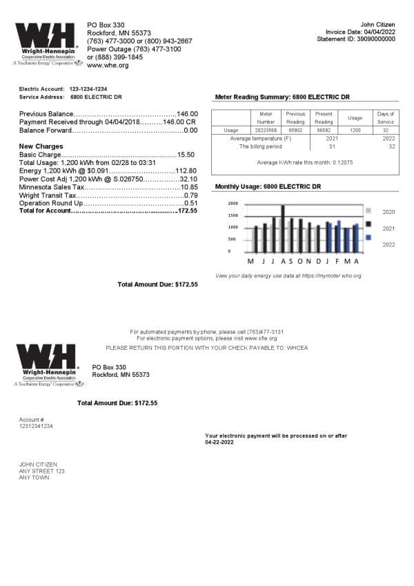 USA Minnesota Wright-Hennepin utility bill template in Word and PDF format