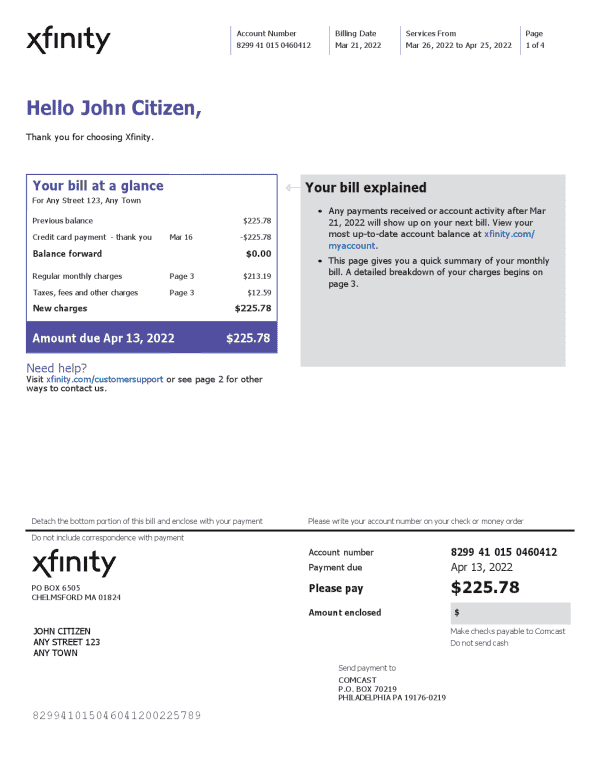 Xfinity_000001.png USA Philadelphia Xfinity utility bill Word and PDF template, 4 pages
