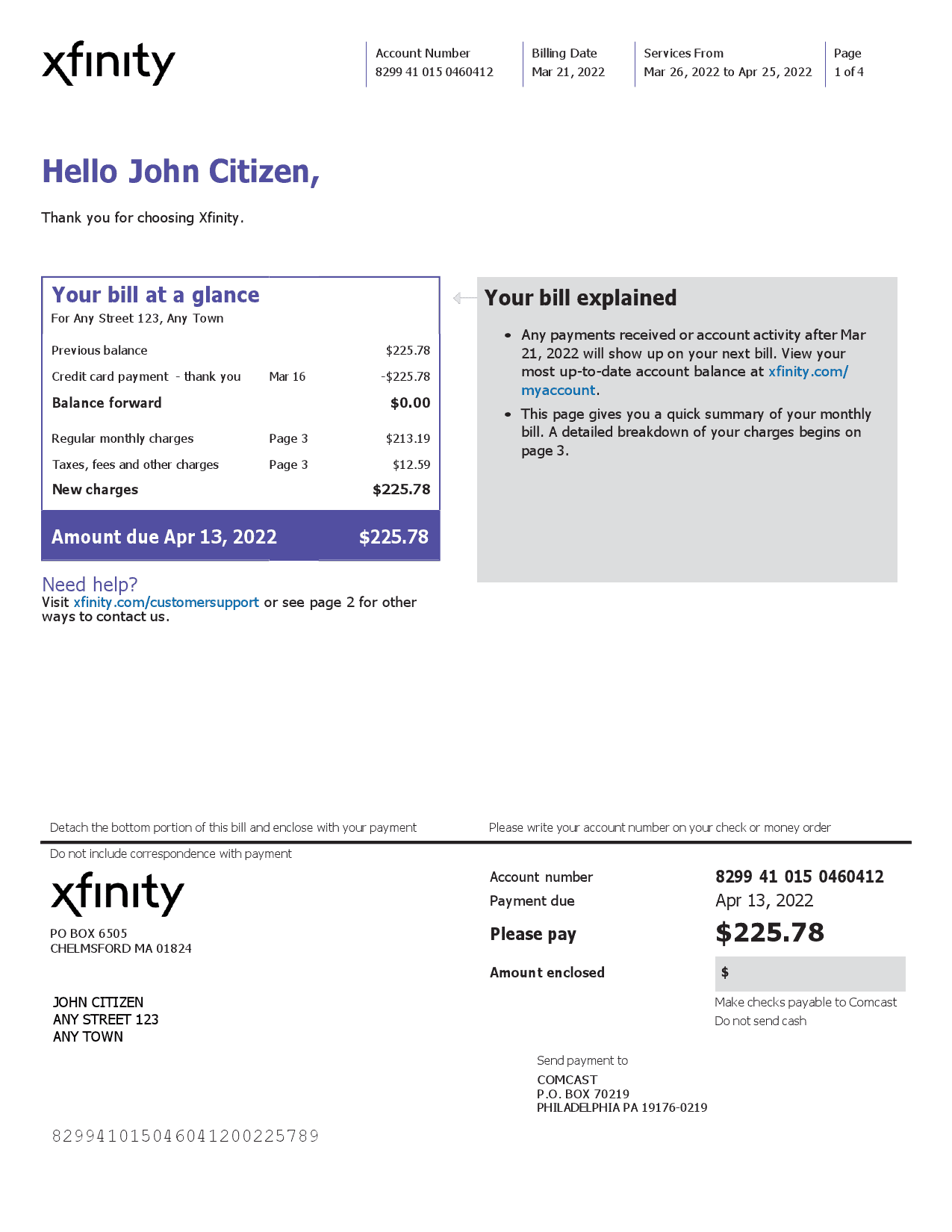 Xfinity_000001.png USA Philadelphia Xfinity utility bill Word and PDF template, 4 pages