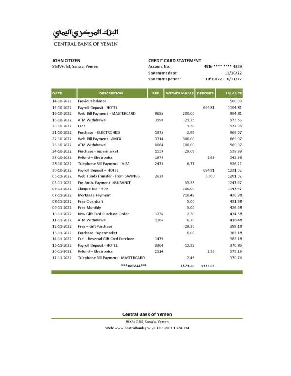 Yemen Central Bank of Yemen bank statement, Excel and PDF template