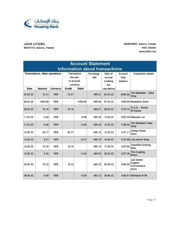 Yemen Housing bank statement, Excel and PDF template