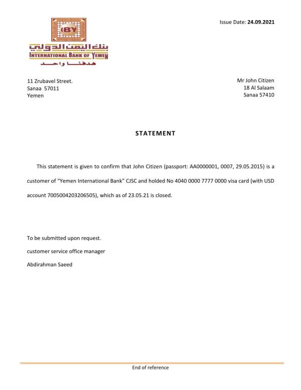 Yemen International Bank of Yemen bank account closure reference letter template in Word and PDF format Yemen International Bank of Yemen bank account closure reference letter template in Word and PDF format