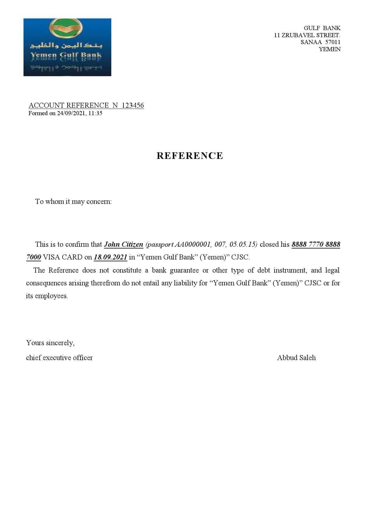 Yemen Gulf bank account closure reference letter template in Word and PDF format Yemen Gulf bank account closure reference letter template in Word and PDF format