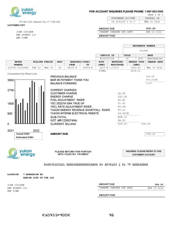 Yukon Energy Business Utility Bill PSD Template