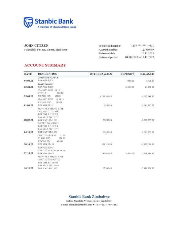 Zimbabwe Stanbic bank statement, Excel and PDF template