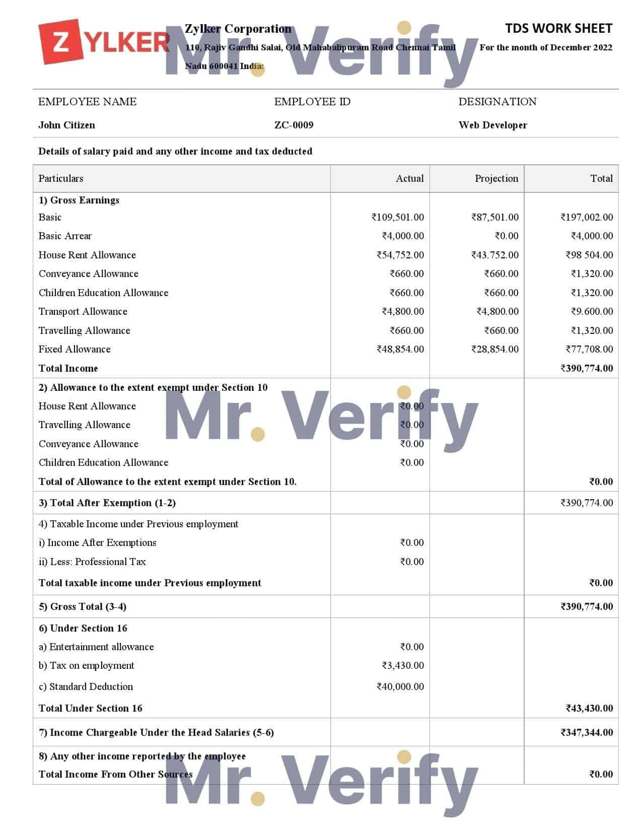 Zylker-Corporation-software-company.jpg India Zylker Corporation software company pay stub Word and PDF template