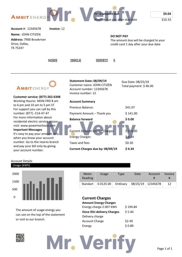 USA Texas Ambit Energy utility bill template in Word and PDF format
