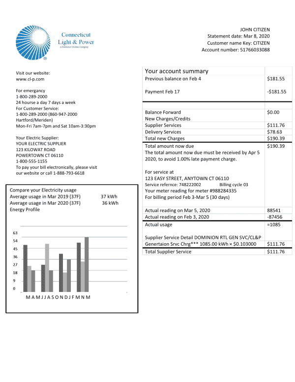 connecticut.png USA Connecticut Light & Power electricity utility bill in Word and PDF format