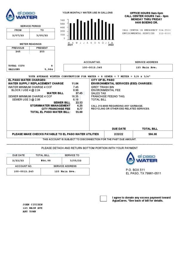 USA Texas El Paso Water utility bill template in Word and PDF format