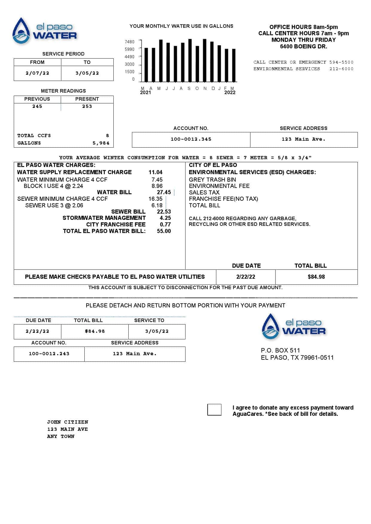 el-paso.jpg USA Texas El Paso Water utility bill template in Word and PDF format