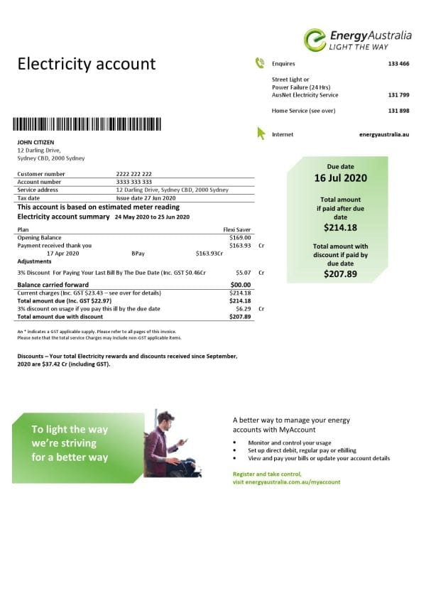 Australia Energy Australia electricity utility bill template in Word and PDF format