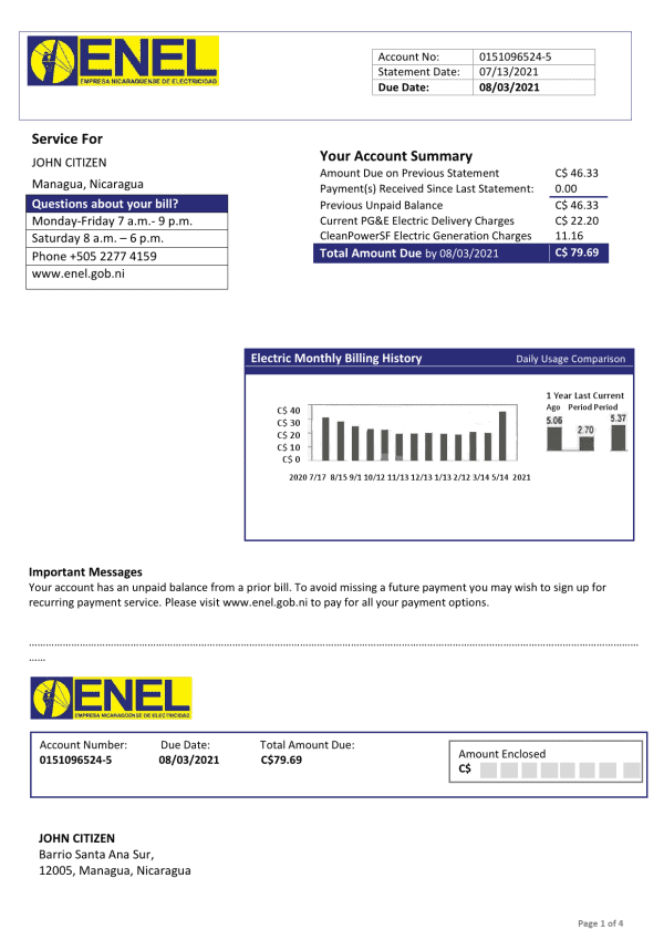 nicaragua_nicaraguan_electricity_company_enel_electricity_bill.png Nicaragua Nicaraguan Electricity Company ENEL electricity utility bill template in Word and PDF format