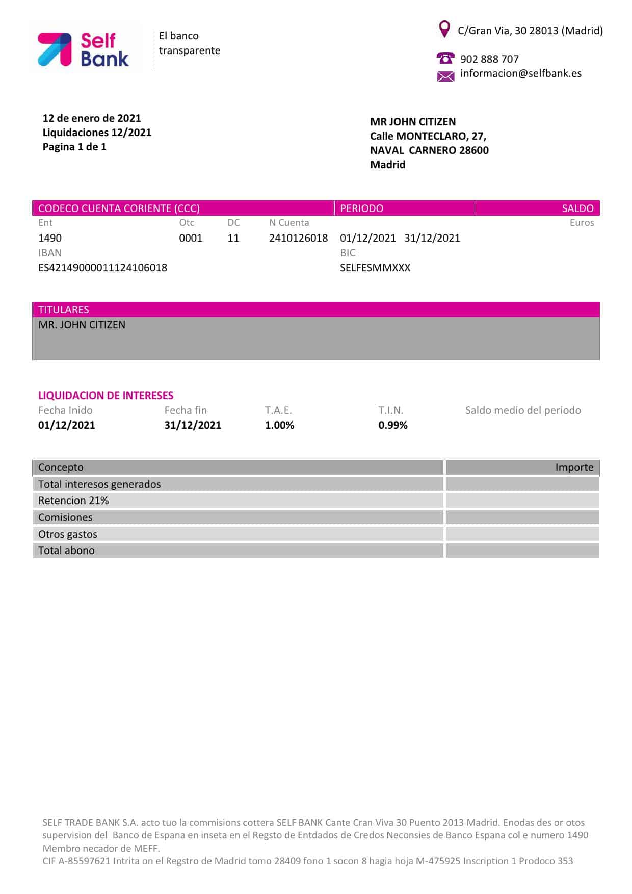 self-bank_000001.jpg Spain Self Bank proof of address statement template in Word and PDF format, .doc and .pdf format