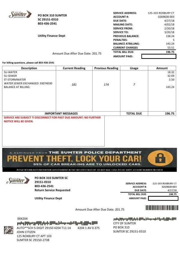 USA City of Sumter South Carolina water utility bill template in Word and PDF format