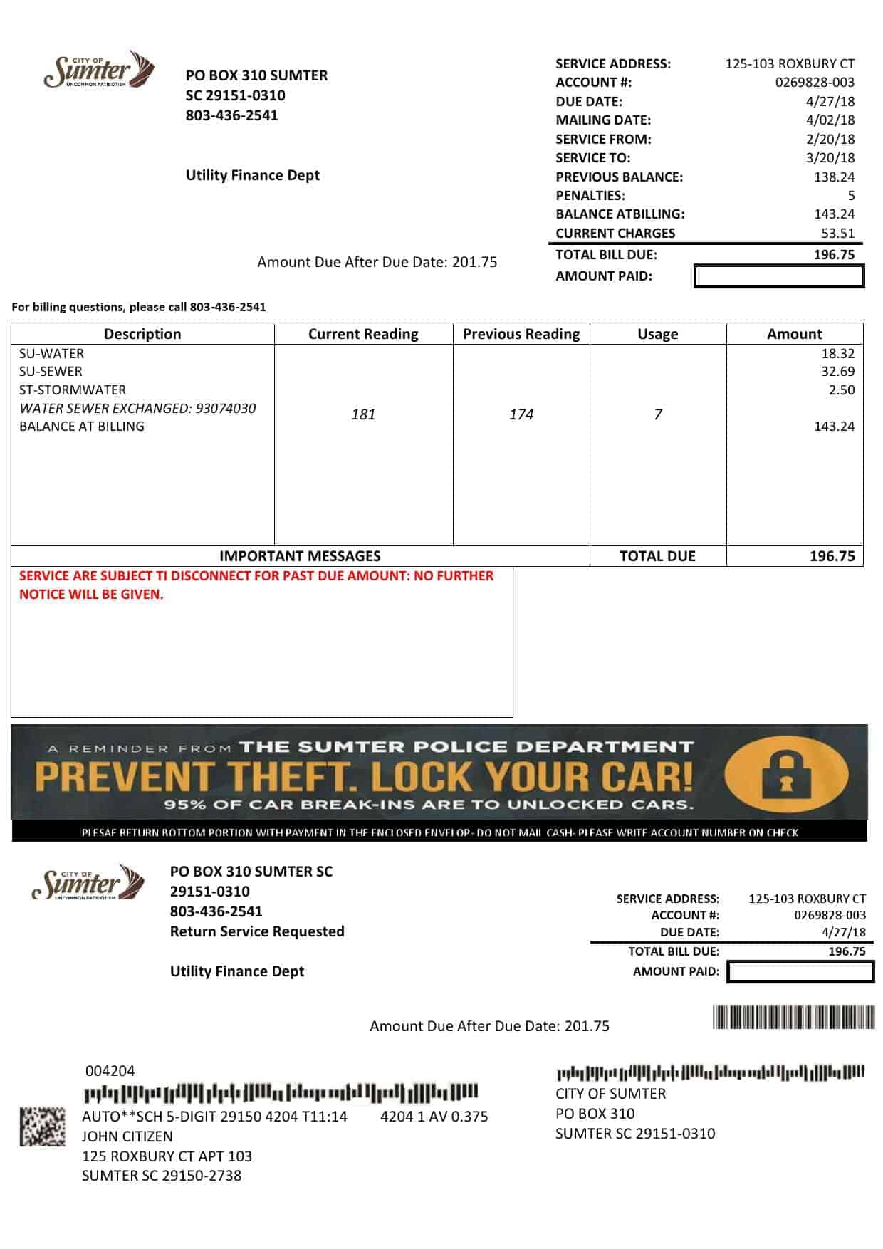usa-sumter.jpg USA City of Sumter South Carolina water utility bill template in Word and PDF format