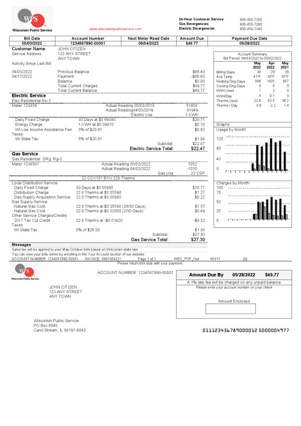 wps.png USA Wisconsin We Energies electricity utility bill template in Word and PDF format