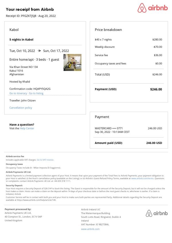 Afghanistan Airbnb booking confirmation Word and PDF template