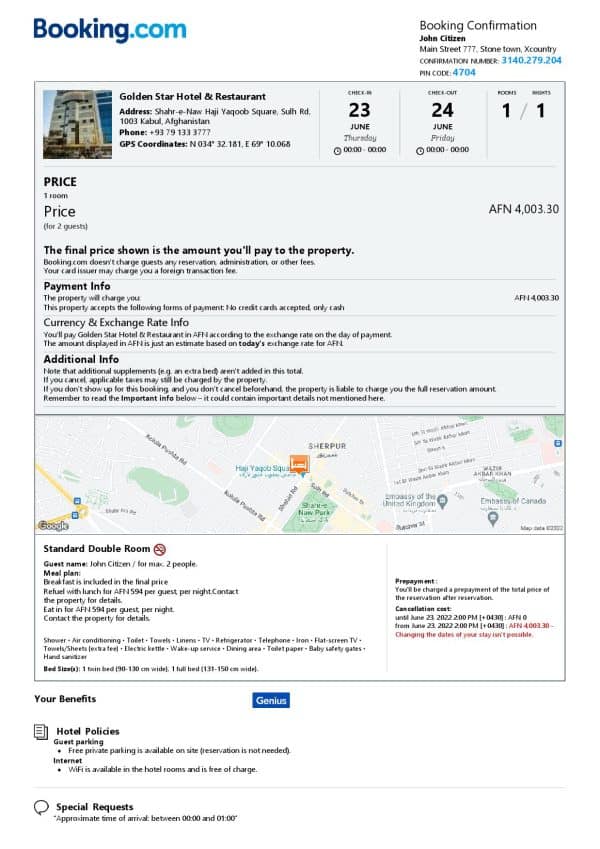 Afghanistan hotel booking confirmation Word and PDF template, 2 pages Afghanistan hotel booking confirmation Word and PDF template, 2 pages