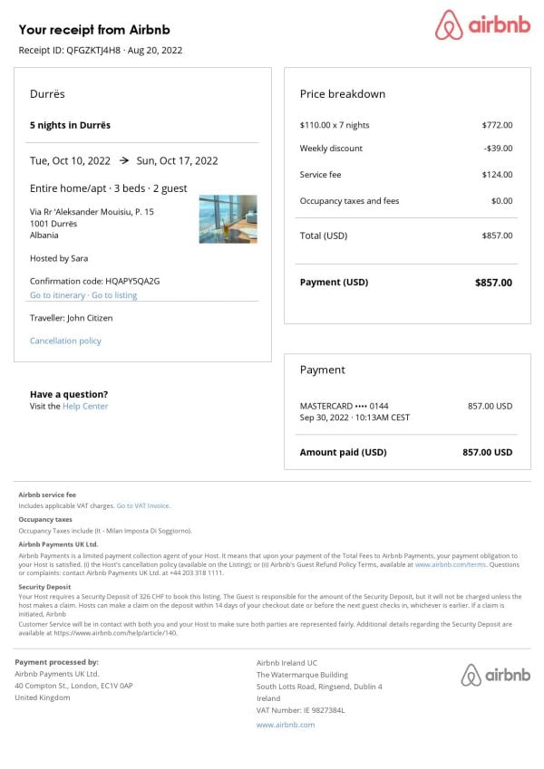 Albania Airbnb booking confirmation Word and PDF template