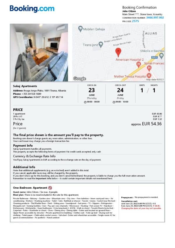 Albania hotel booking confirmation Word and PDF template, 2 pages Albania hotel booking confirmation Word and PDF template, 2 pages