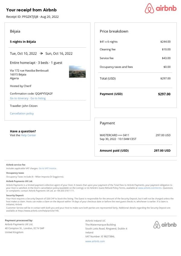 Algeria Airbnb booking confirmation Word and PDF template