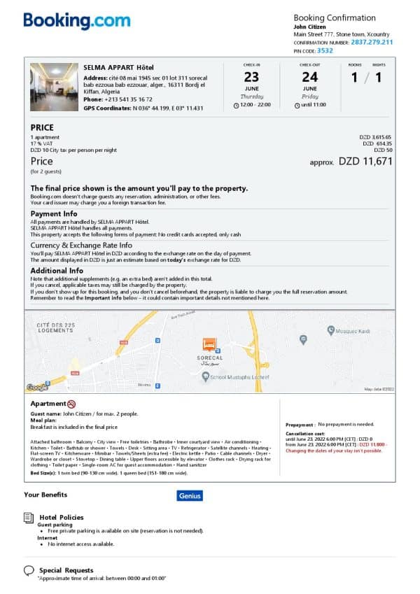 Algeria hotel booking confirmation Word and PDF template, 2 pages Algeria hotel booking confirmation Word and PDF template, 2 pages