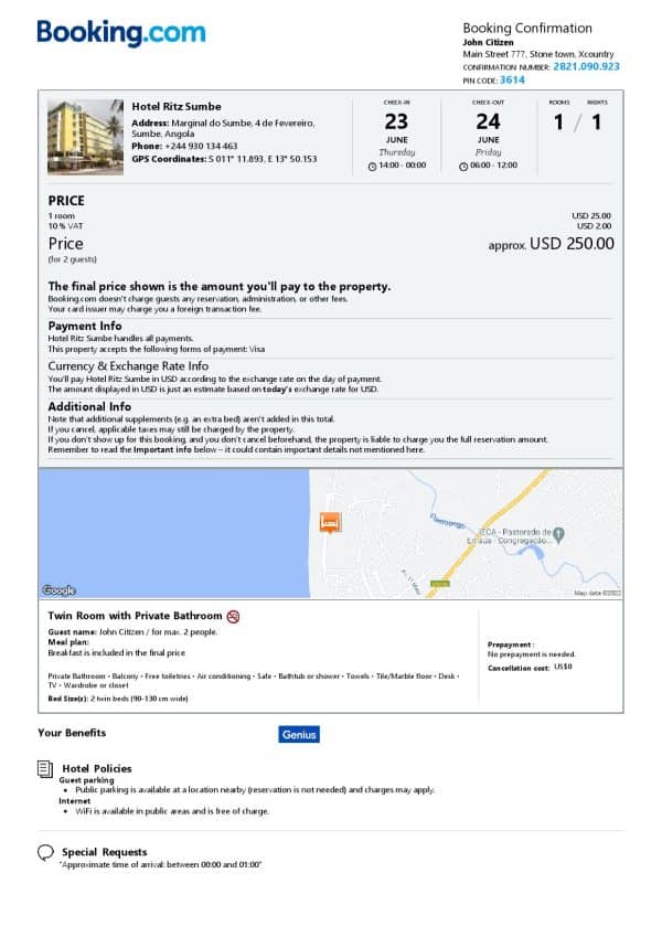 Angola hotel booking confirmation Word and PDF template, 2 pages Angola hotel booking confirmation Word and PDF template, 2 pages