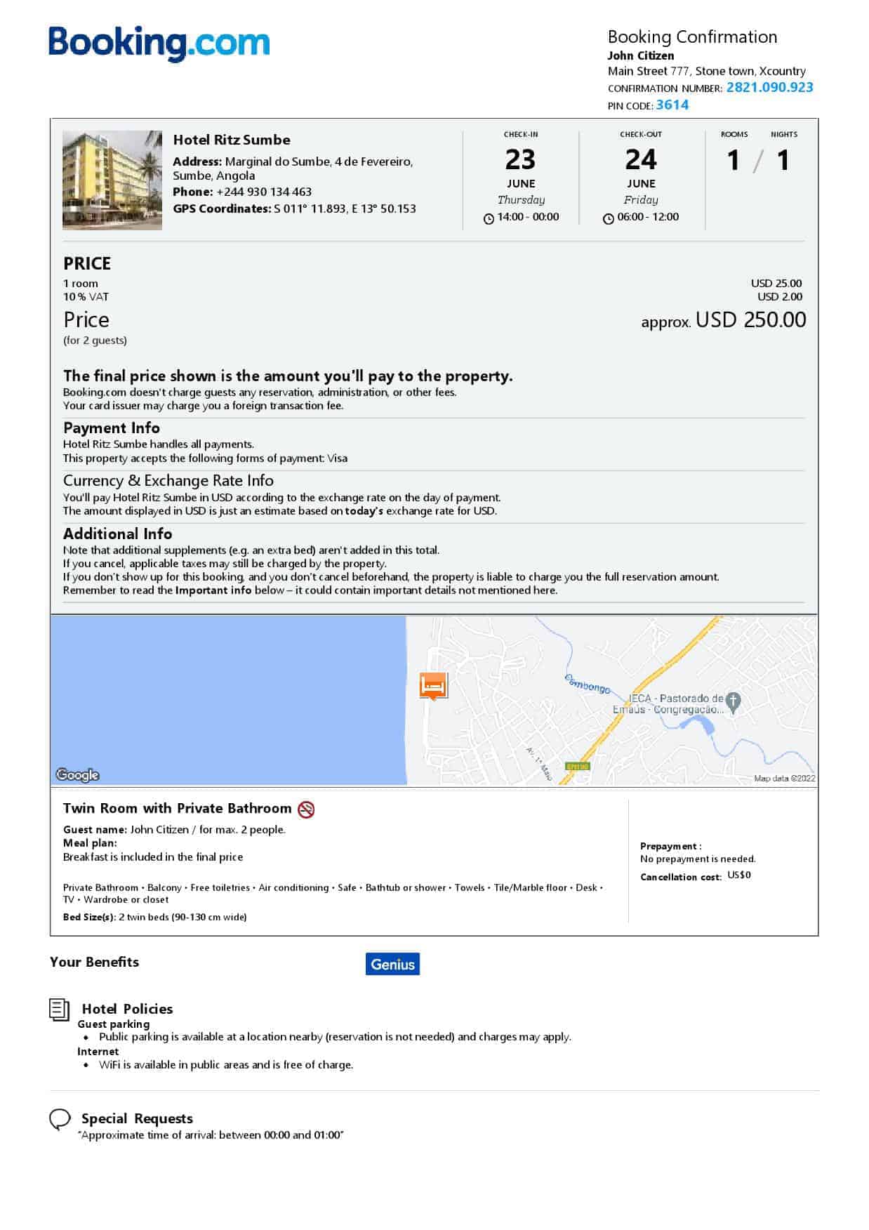 Angola hotel booking confirmation Word and PDF template, 2 pages Angola hotel booking confirmation Word and PDF template, 2 pages
