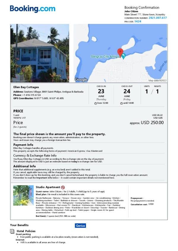 Antigua & Barbuda hotel booking confirmation Word and PDF template, 2 pages Antigua & Barbuda hotel booking confirmation Word and PDF template, 2 pages