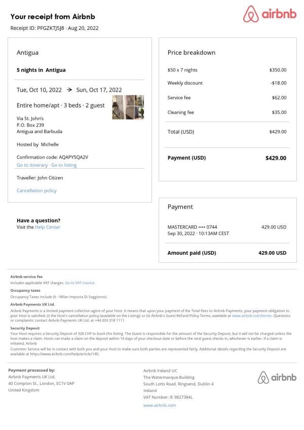 Antigua and Barbuda Airbnb booking confirmation Word and PDF template