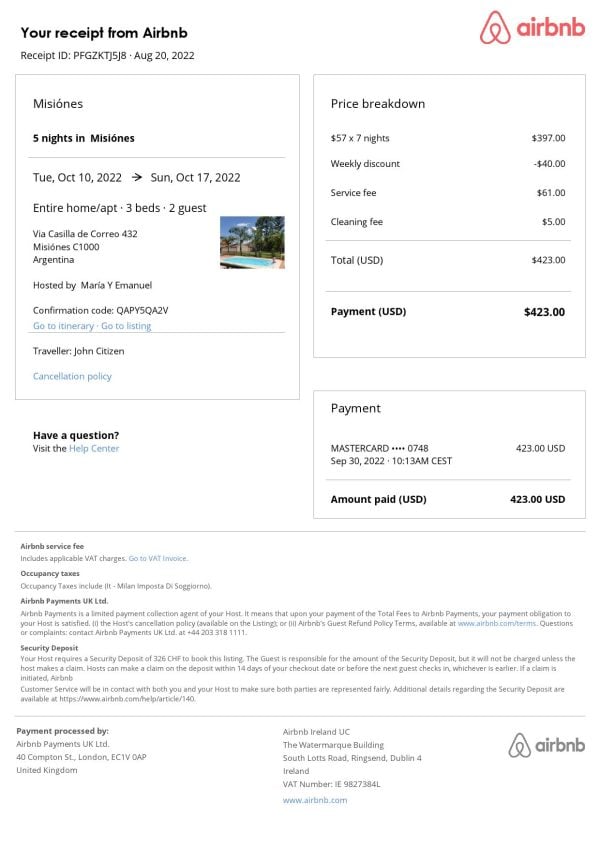 Argentina Airbnb booking confirmation Word and PDF template
