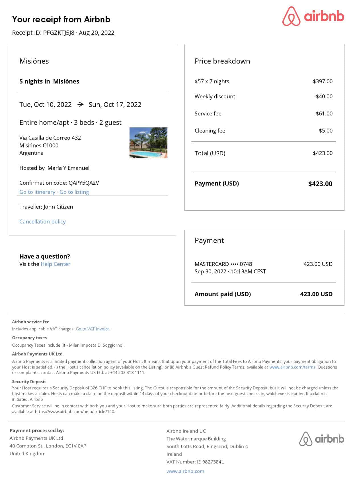 Argentina Airbnb booking confirmation Word and PDF template Argentina Airbnb booking confirmation Word and PDF template