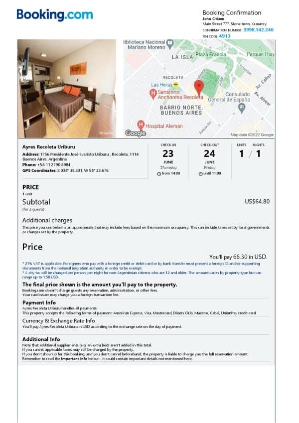 Argentina hotel booking confirmation Word and PDF template, 2 pages Argentina hotel booking confirmation Word and PDF template, 2 pages