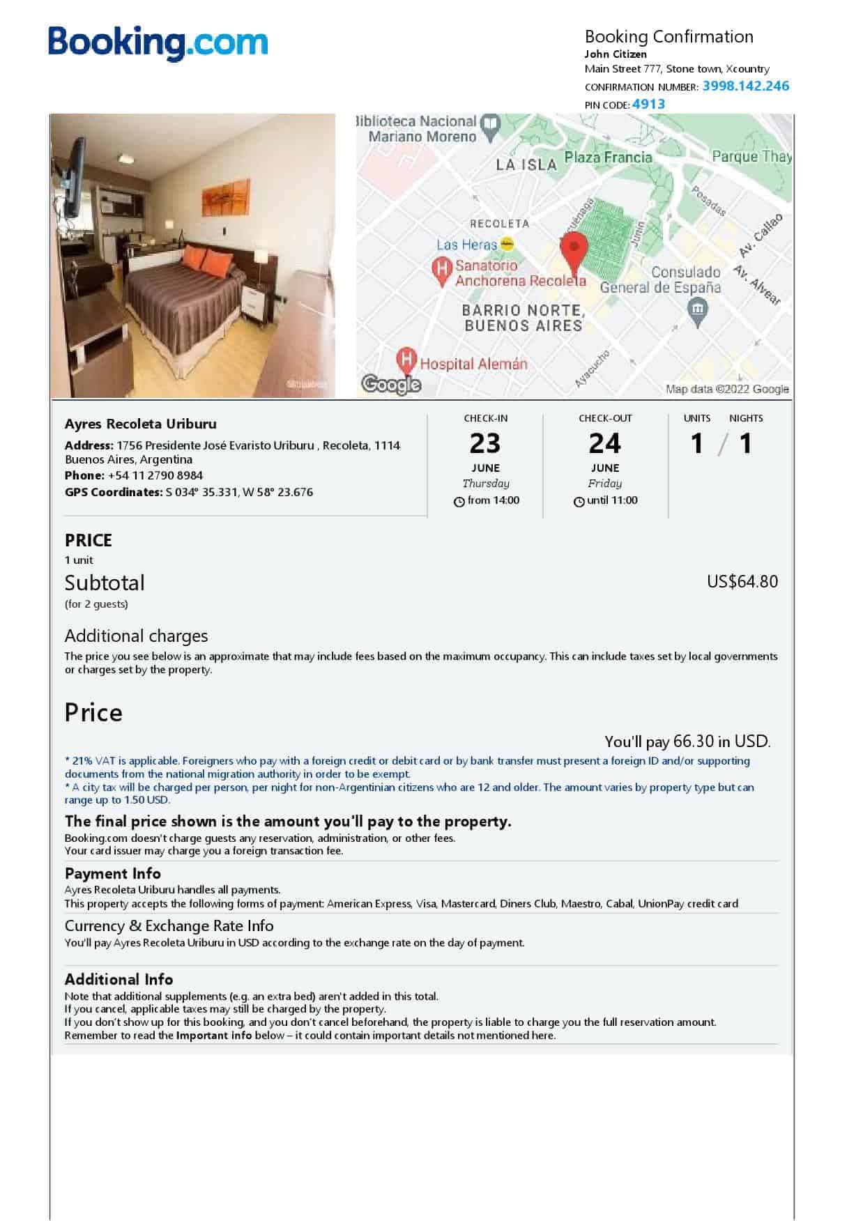 Argentina hotel booking confirmation Word and PDF template, 2 pages Argentina hotel booking confirmation Word and PDF template, 2 pages
