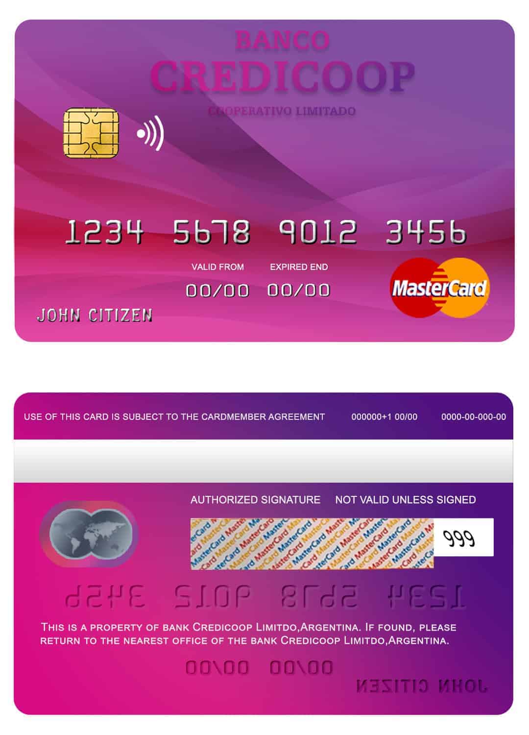 Argentina bank Credicoop bank mastercard credit card Editable Argentina bank Credicoop bank mastercard credit card