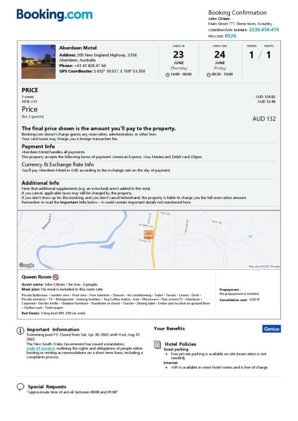 Australia hotel booking confirmation Word and PDF template, 2 pages