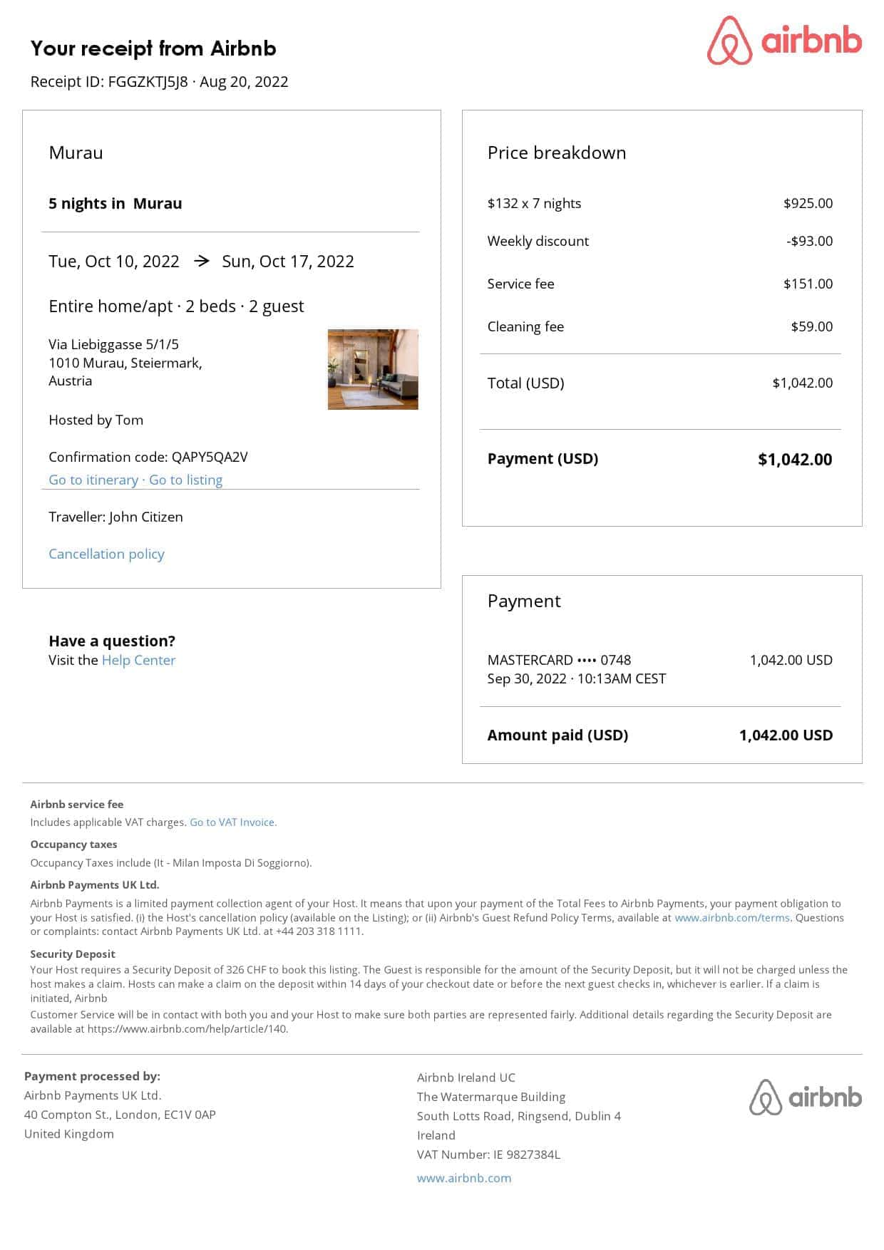Austria Airbnb booking confirmation Word and PDF template Austria Airbnb booking confirmation Word and PDF template