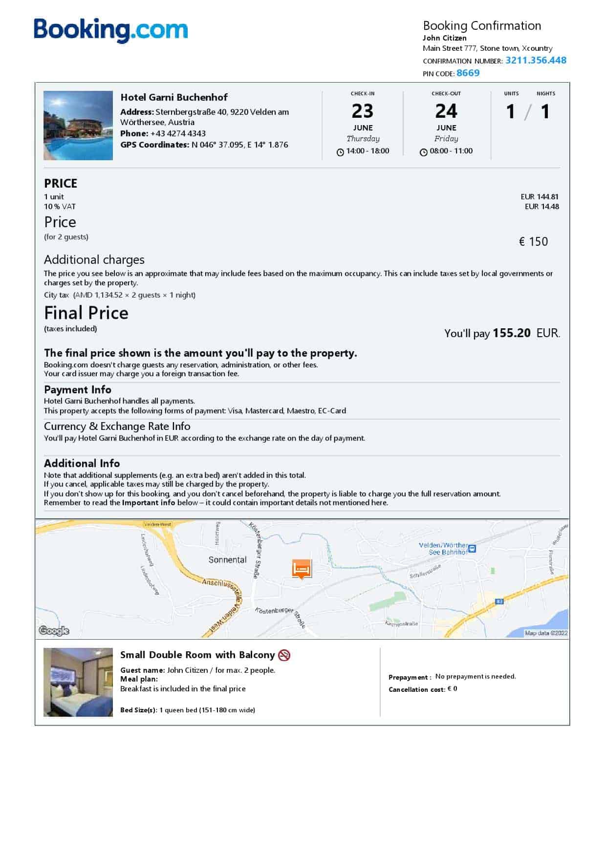 Austria hotel booking confirmation Word and PDF template, 2 pages Austria hotel booking confirmation Word and PDF template, 2 pages