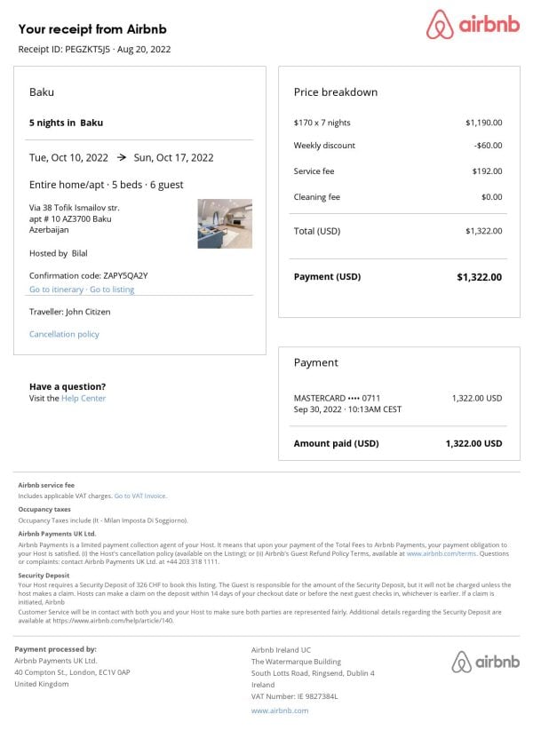Azerbaijan Airbnb booking confirmation Word and PDF template