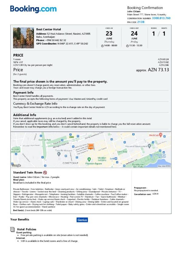 Azerbaijan hotel booking confirmation Word and PDF template, 2 pages Azerbaijan hotel booking confirmation Word and PDF template, 2 pages